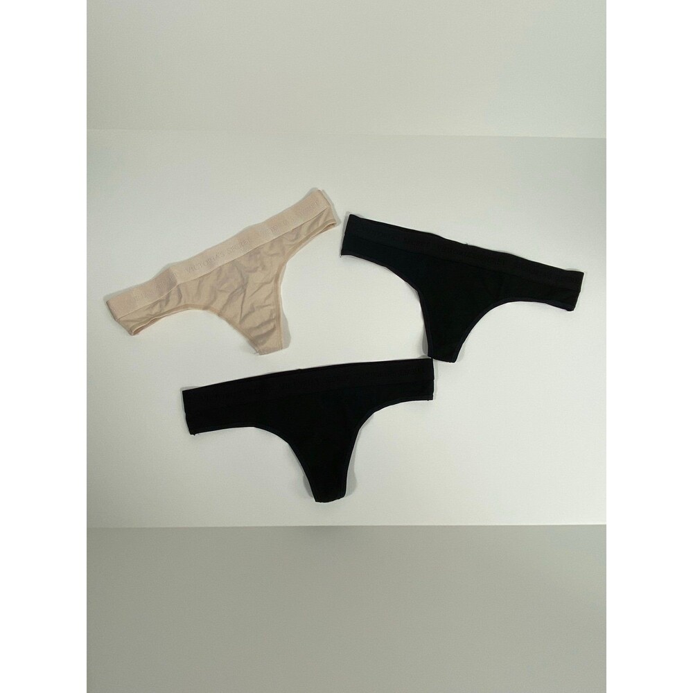 Victoria’s Secret Thong Panty Bundle Medium Neutral & Black 3 pcs